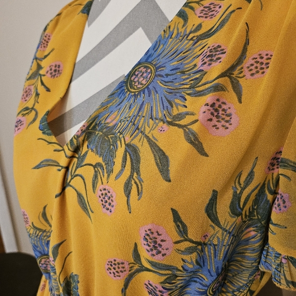 Madewell V-Neck Ruffle Flutter Sleeve Floral Boho Mini Dress Yellow Blue Size 6 - Picture 5 of 8